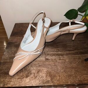 Etienne Aigner Womens 7 Leather Florad Beige Slingback Kitten Heel Pointed Toe
